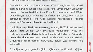 Tarım ve Orman Bakanlığı, Tahsildaroğlu Beyaz Peynirini Toplattı
