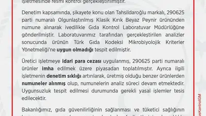 Tarım ve Orman Bakanlığı, Tahsildaroğlu Beyaz Peynirini Toplattı